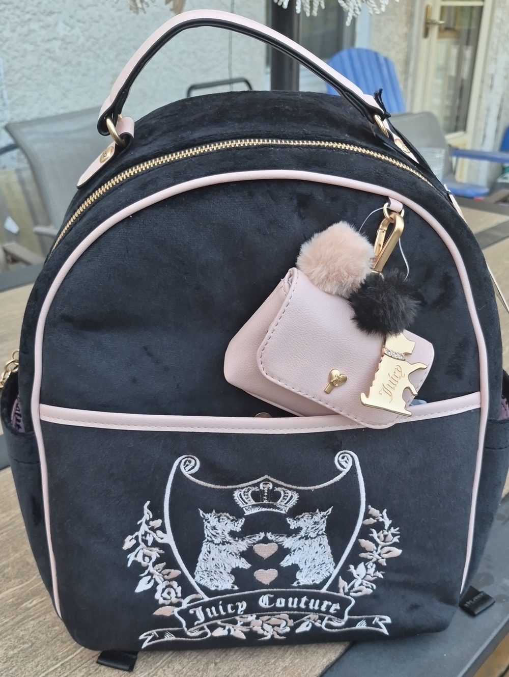 Juicy Couture Black Velvet Backpack with Pale Pink Trim